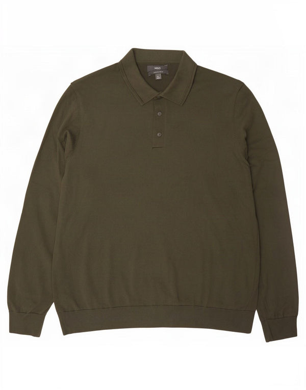Suéter masculino Marks & Spencer com gola polo e algodão cáqui XL