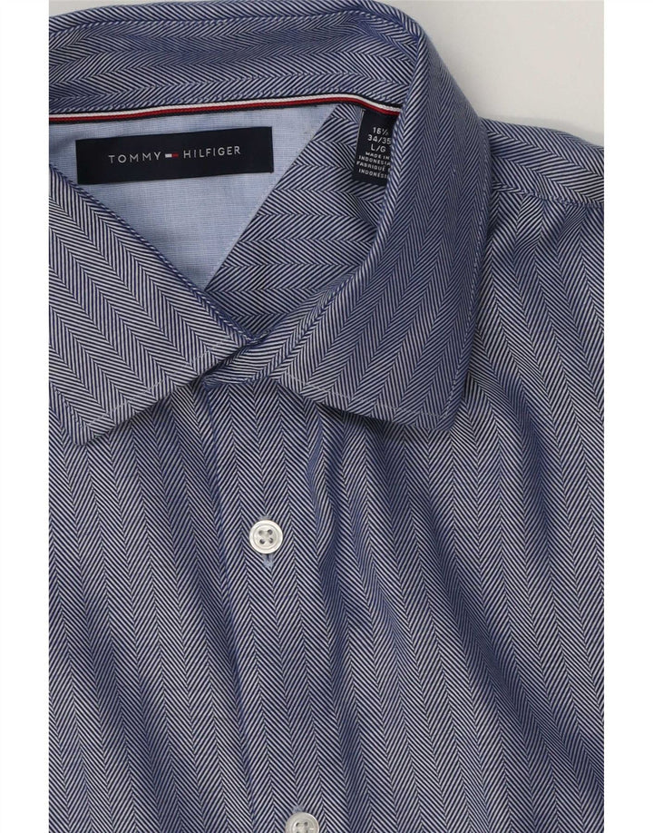 Camisa masculina Tommy Hilfiger tamanho 16 1/2 grande algodão espinha de peixe azul