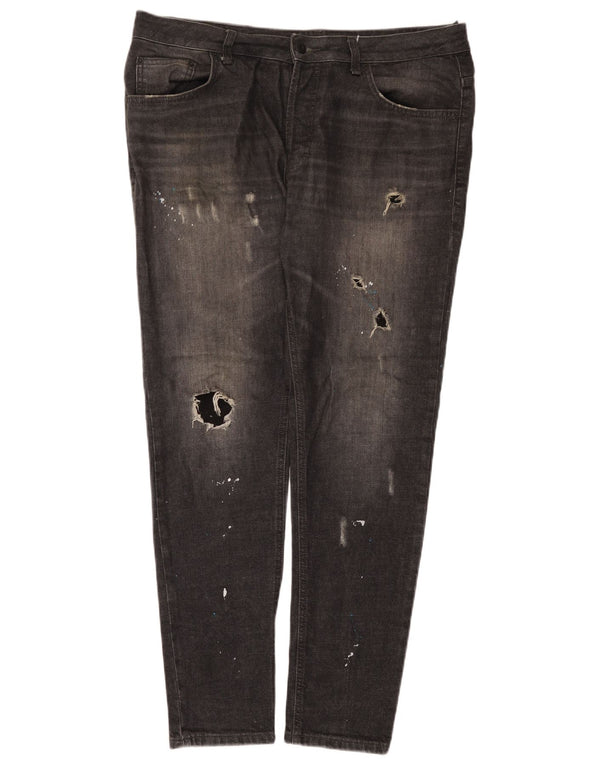 Zara Mens Distressed Slim Jeans EU 44 Grande W34 L32 Algodão Preto