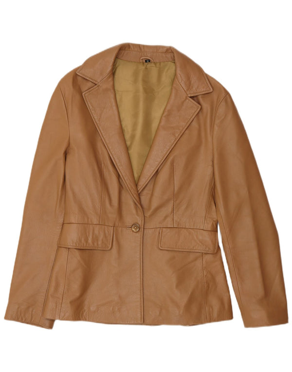 Jaqueta blazer feminina vintage de couro com 1 botão Reino Unido 12 couro marrom médio