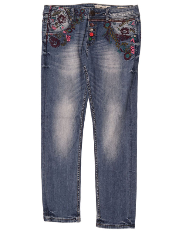 Desigual Jeans feminino cintura baixa slim W30 L30 azul floral algodão