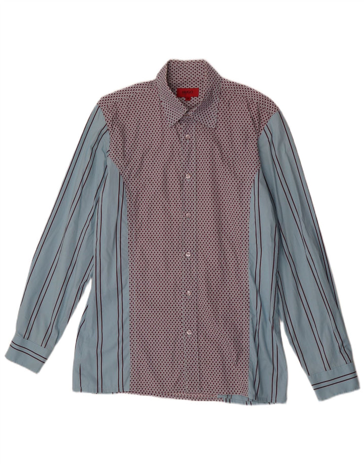 Camisa masculina Hugo Boss de algodão listrado azul médio