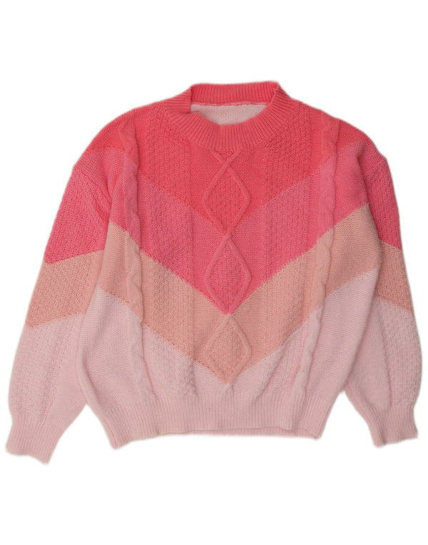 Suéter feminino vintage com gola redonda Reino Unido 14 grande bloco colorido rosa