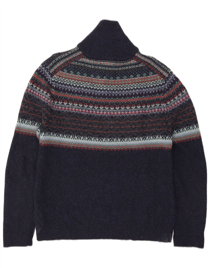 Suéter masculino branco com gola polo, grande, azul marinho, lã Fair Isle