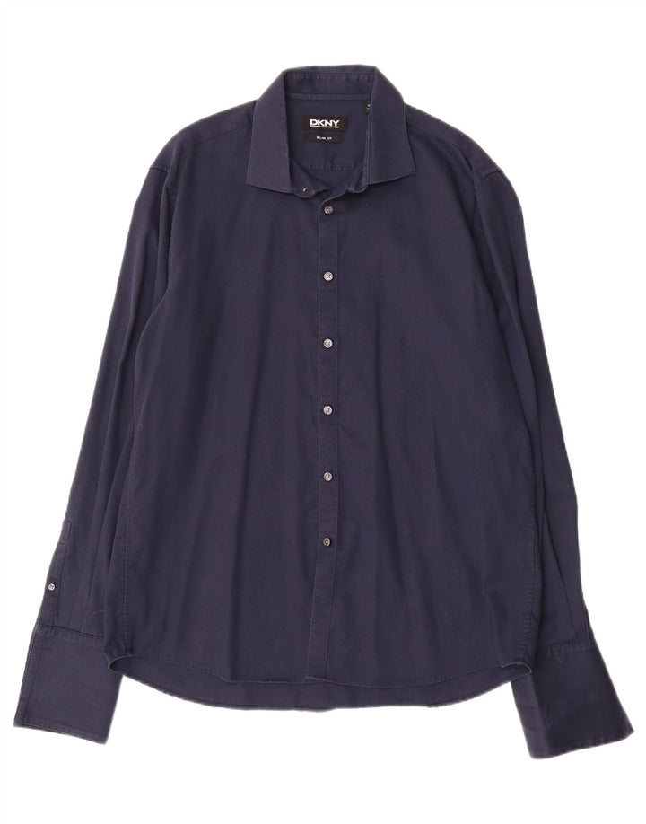 Camisa masculina DKNY Slim Fit tamanho 17 1/2 44 XL azul marinho algodão