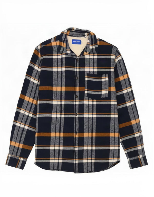 Jack & Jones Mens Flannel Shirt Medium Navy Blue Check Cotton
