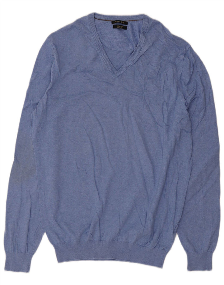Suéter masculino Massimo Dutti com decote em V de algodão azul médio