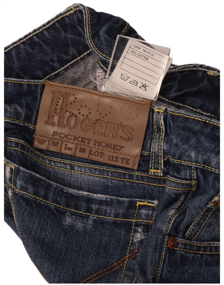 Calça jeans reta feminina Roy Rogers desgastada W26 L32 algodão azul