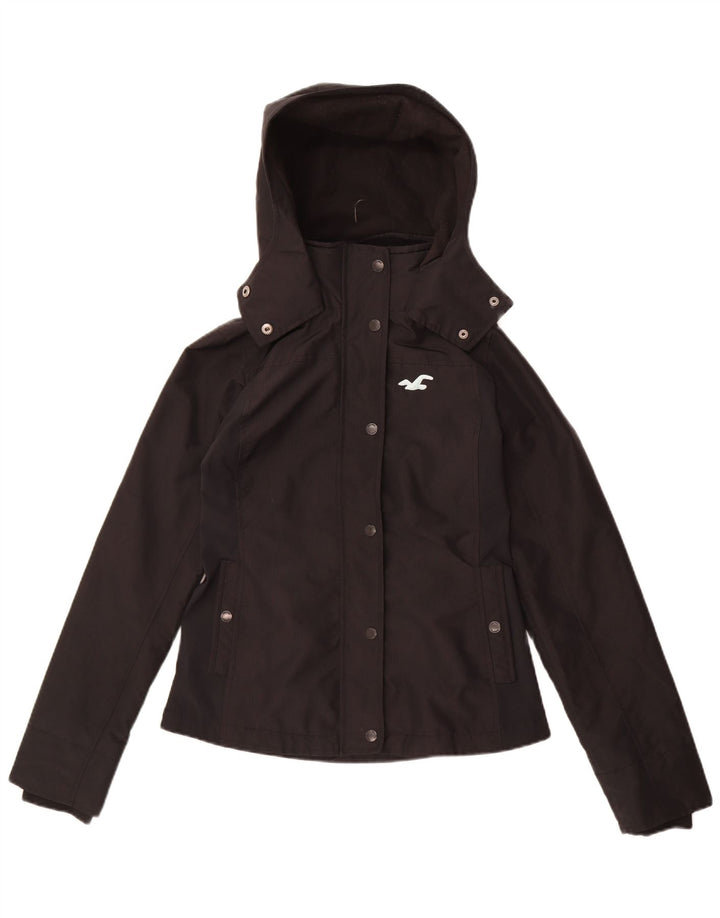 Jaqueta corta-vento com capuz feminina Hollister UK 10 poliéster preto pequeno