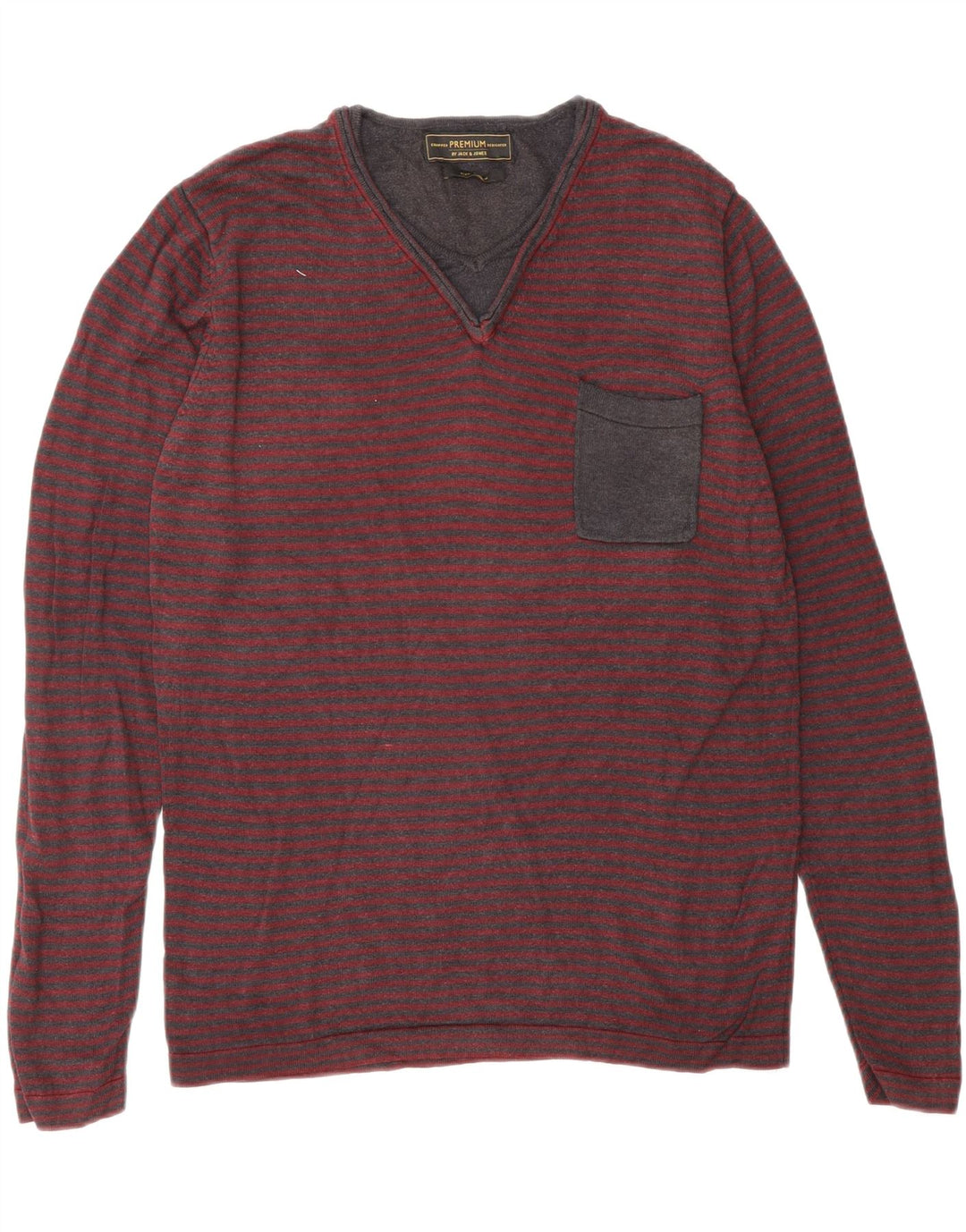 Suéter masculino JACK & JONES com decote em V, viscose listrada média cor de vinho