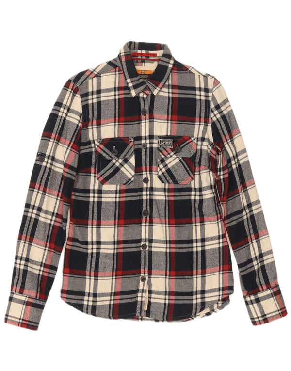 Camisa de flanela feminina Superdry UK 10 pequena algodão xadrez azul marinho