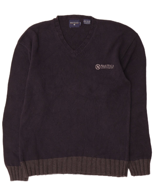 Suéter masculino Nautica com decote em V grande algodão colorblock azul marinho