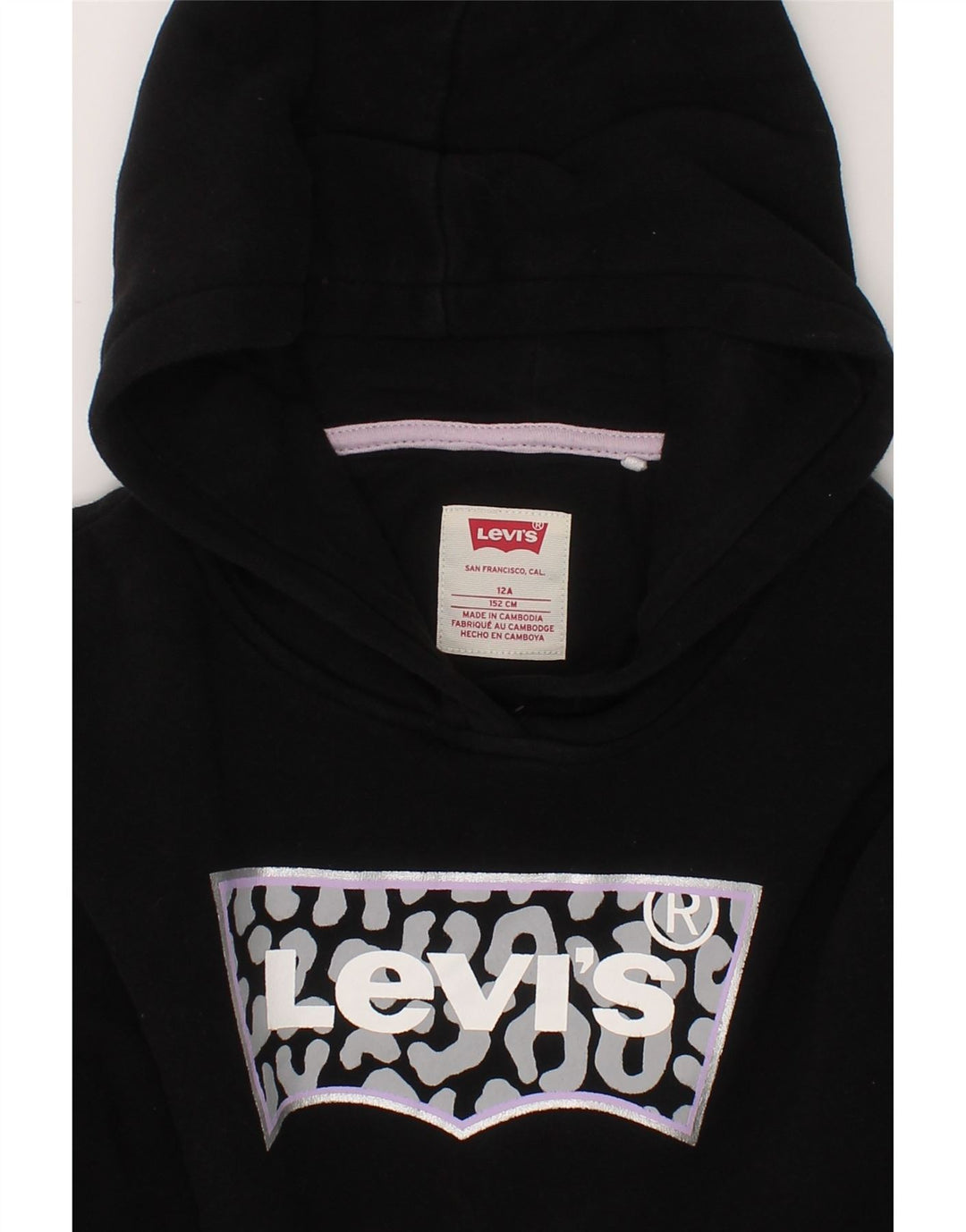LEVI'S Girls Crop Graphic Hoodie Jumper 11-12 Years Black Cotton Vintage Levi's and Second-Hand Levi's from Messina Hembry 