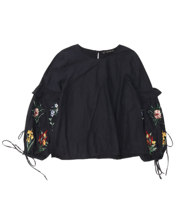 Blusa feminina Zara com ajuste relaxado UK 12 médio preto floral boêmio