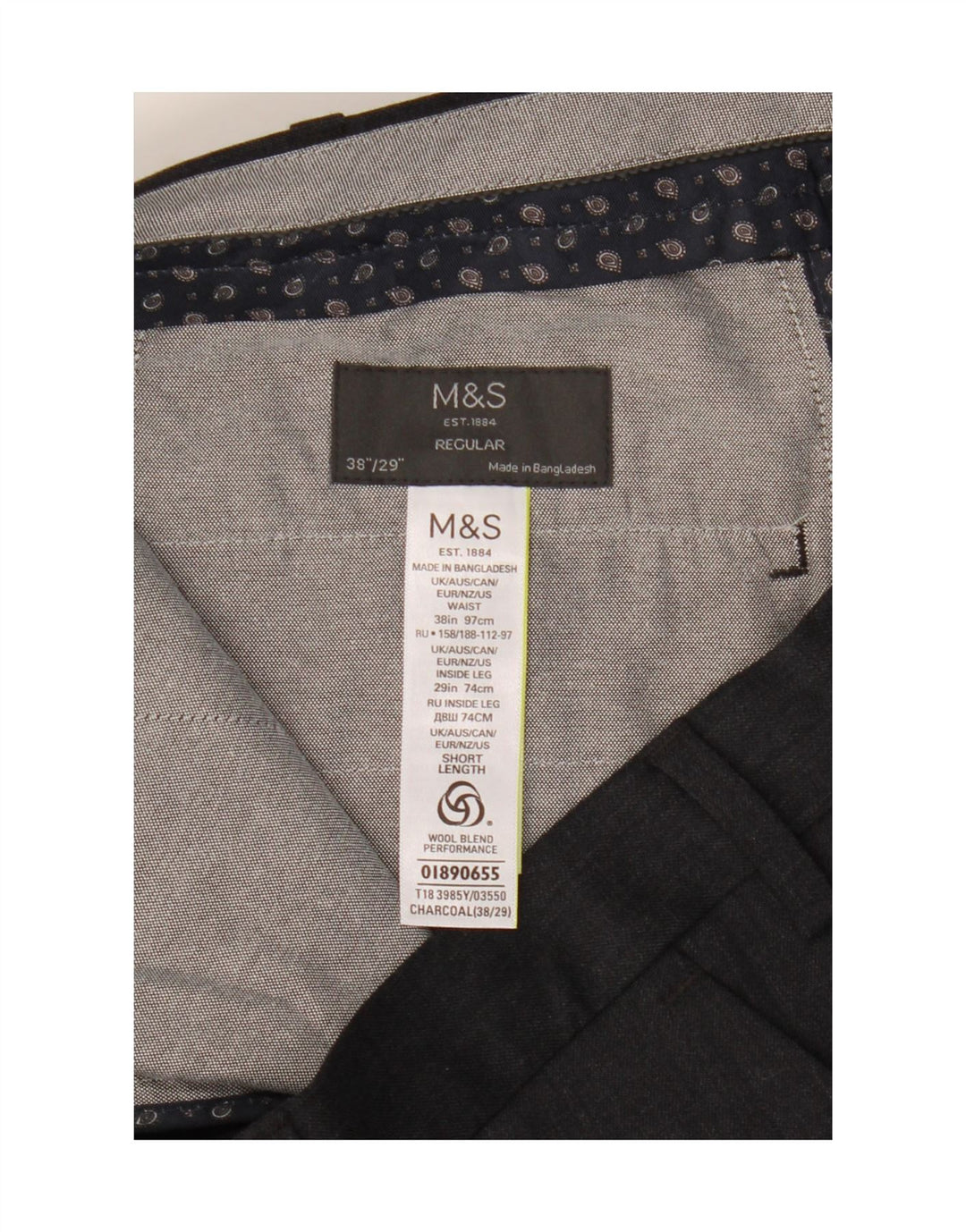 Calça masculina de terno regular Marks & Spencer W38 L29 poliéster cinza