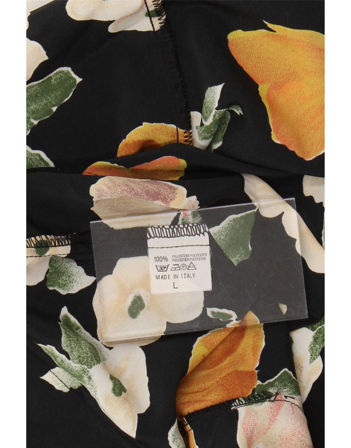 Blusa feminina VINTAGE de manga curta UK 16 grande preta floral