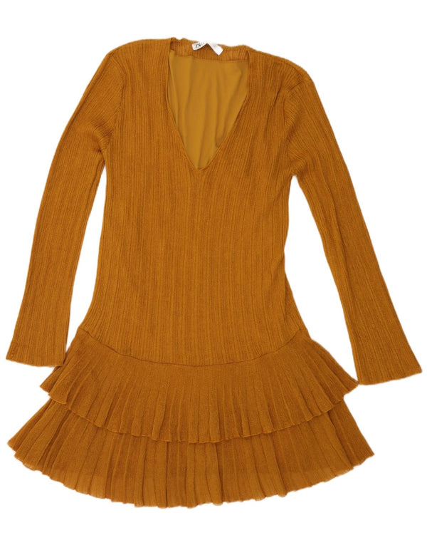 Vestido feminino Zara de manga comprida em camadas Reino Unido 14 grande viscose marrom