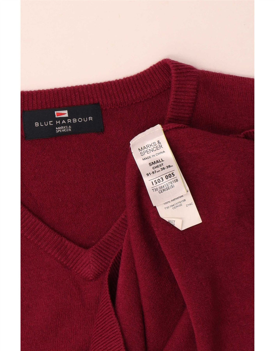Suéter masculino Marks & Spencer Blue Harbor com decote em V pequeno acrílico vermelho