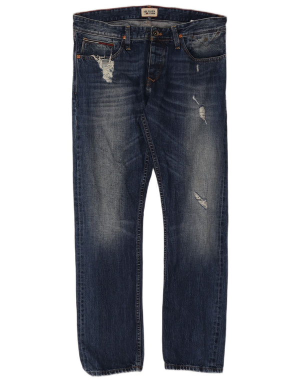 Tommy Hilfiger Calça jeans reta masculina desgastada W32 L30 algodão azul marinho