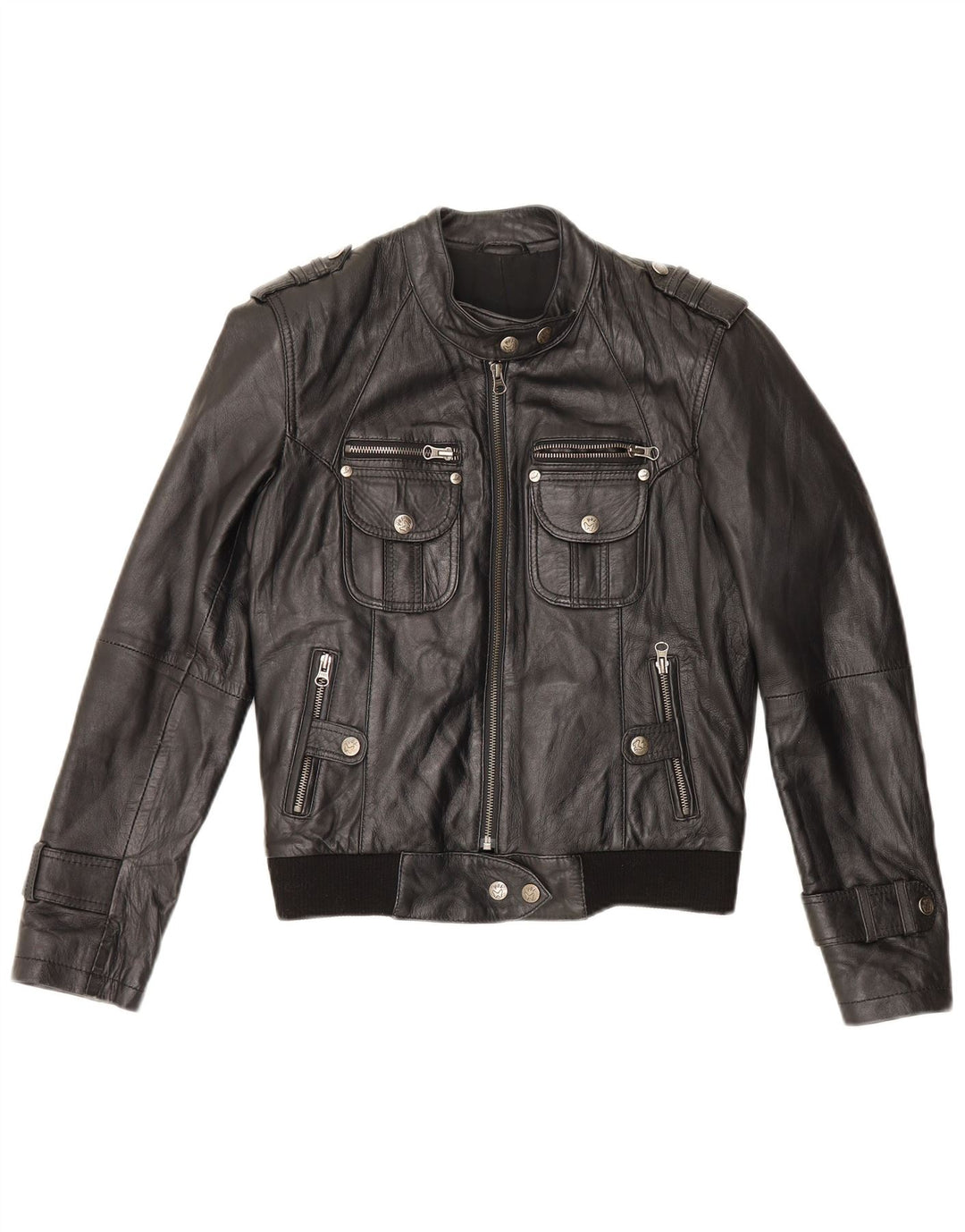 Jaqueta de couro militar vintage feminina Reino Unido 12 couro preto médio