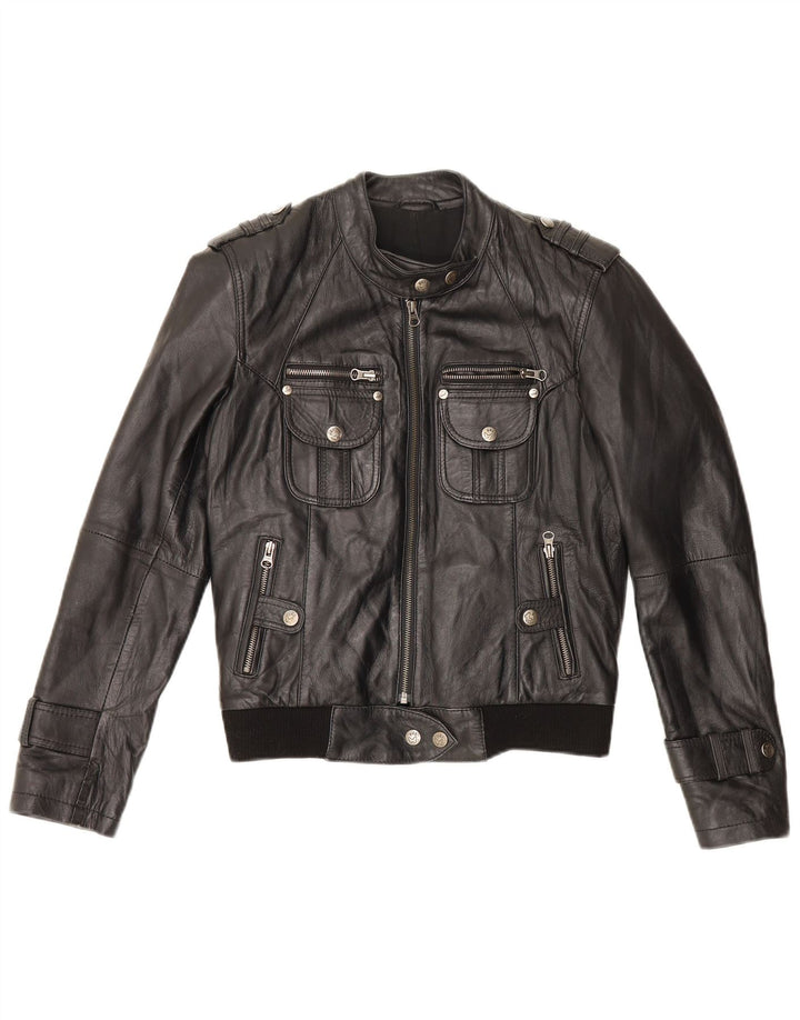 Jaqueta de couro militar vintage feminina Reino Unido 12 couro preto médio