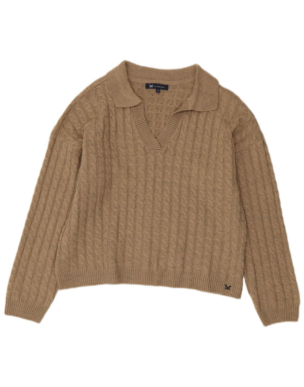 Suéter feminino Crew Clothing com gola polo Reino Unido 16 grande bege acrílico