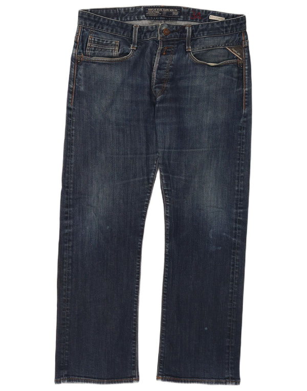 Replay Mens Billstrong Straight Jeans W34 L30 Navy Blue Cotton