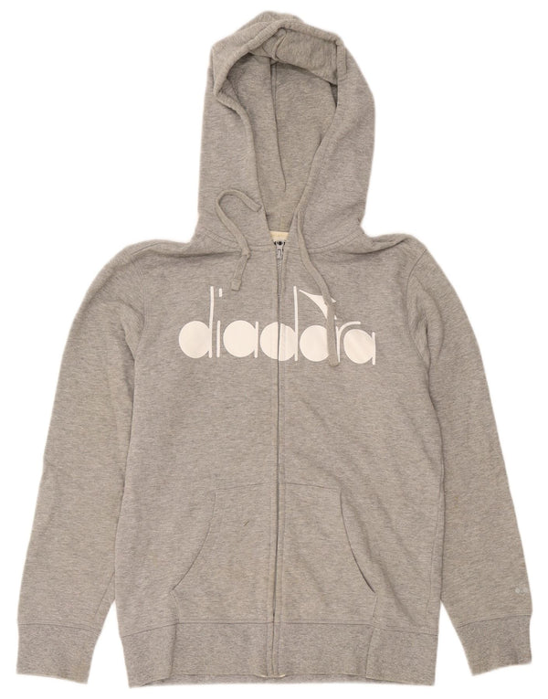Suéter feminino Diadora com capuz e zíper gráfico UK 16 grande algodão manchado cinza