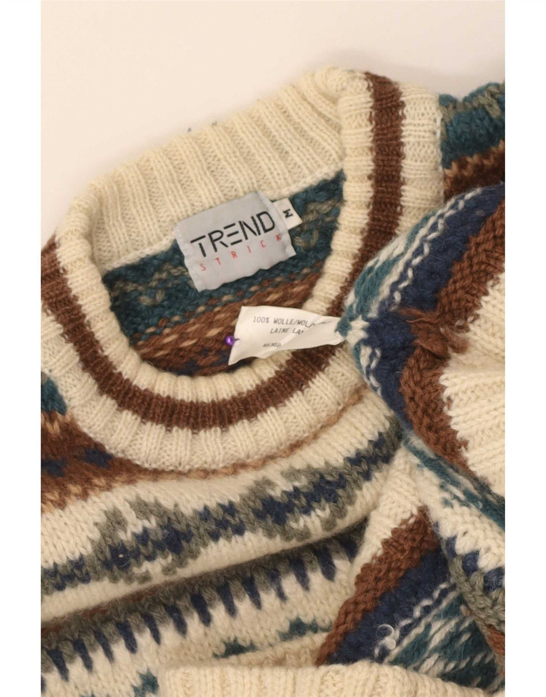Suéter masculino vintage com gola redonda, médio bege, lã Fair Isle