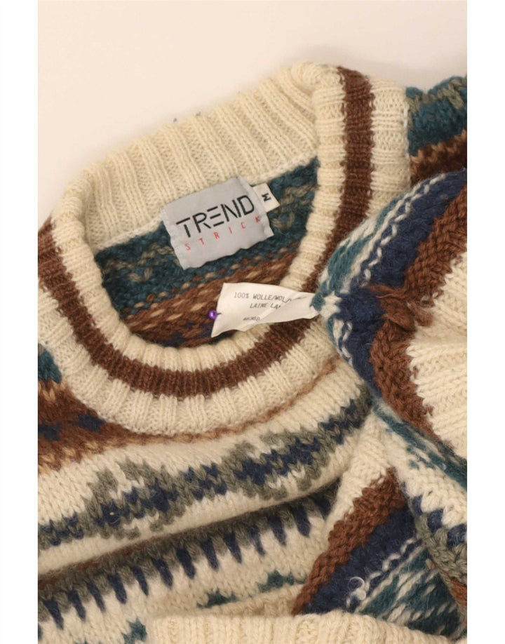 Suéter masculino vintage com gola redonda, médio bege, lã Fair Isle