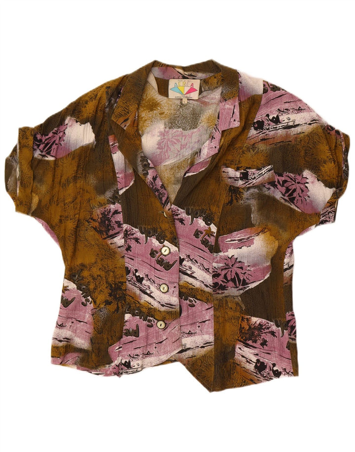Blusa feminina estampada vintage UK 16 patchwork cáqui grande