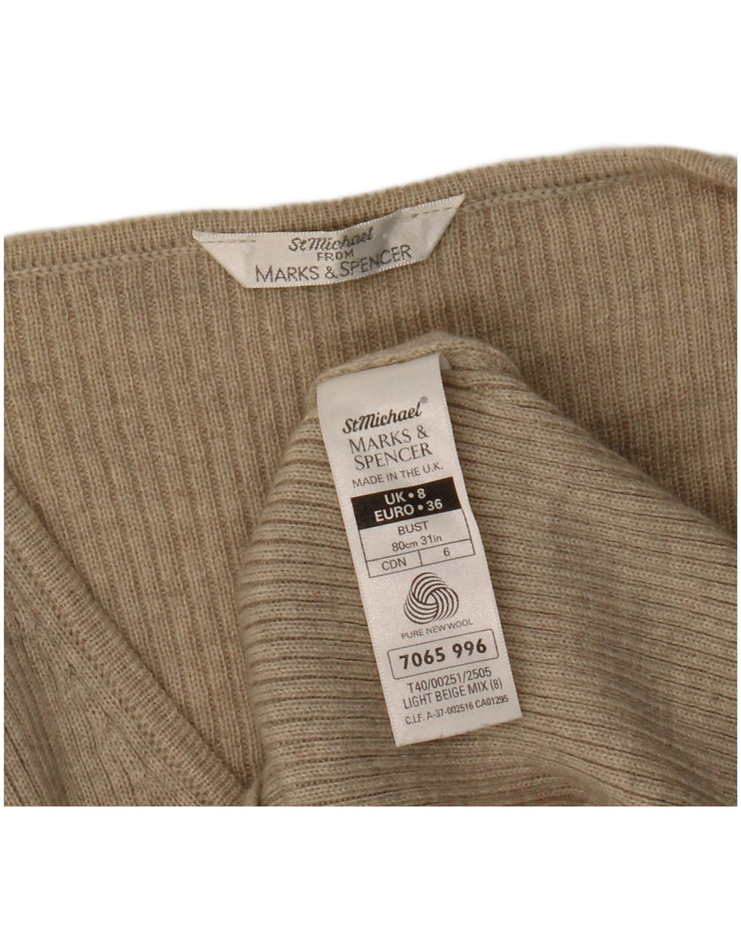 Suéter Marks & Spencer feminino St. Michael com decote em V Reino Unido 8 pequeno bege