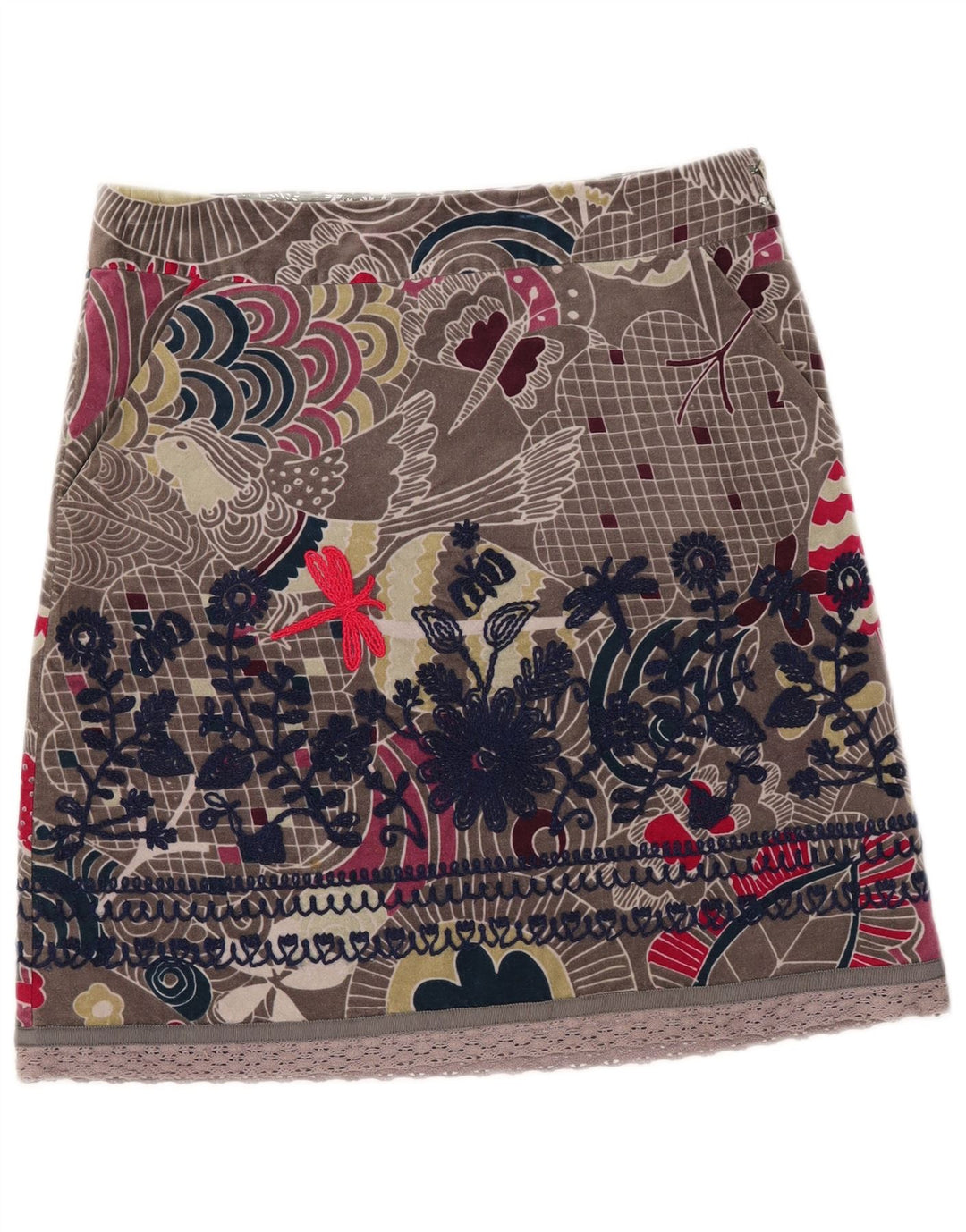 Minissaia feminina de veludo White Stuff Reino Unido 12 médio W33 algodão floral cinza