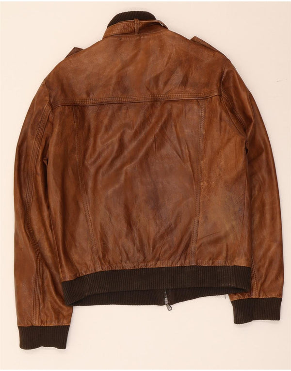 Jaqueta de couro militar masculina vintage UK 36 pequena marrom