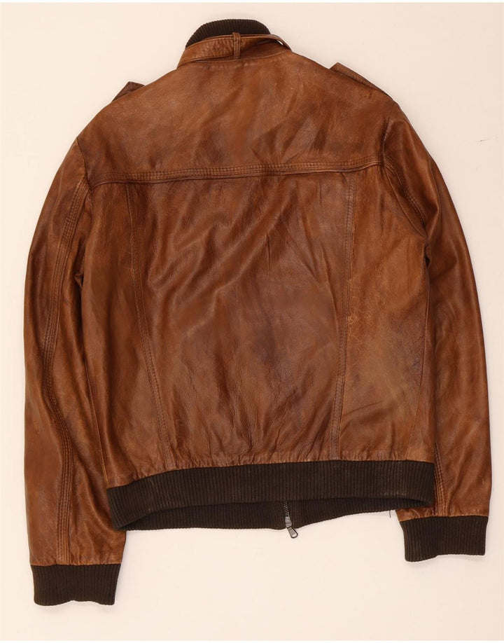 Jaqueta de couro militar masculina vintage UK 36 pequena marrom