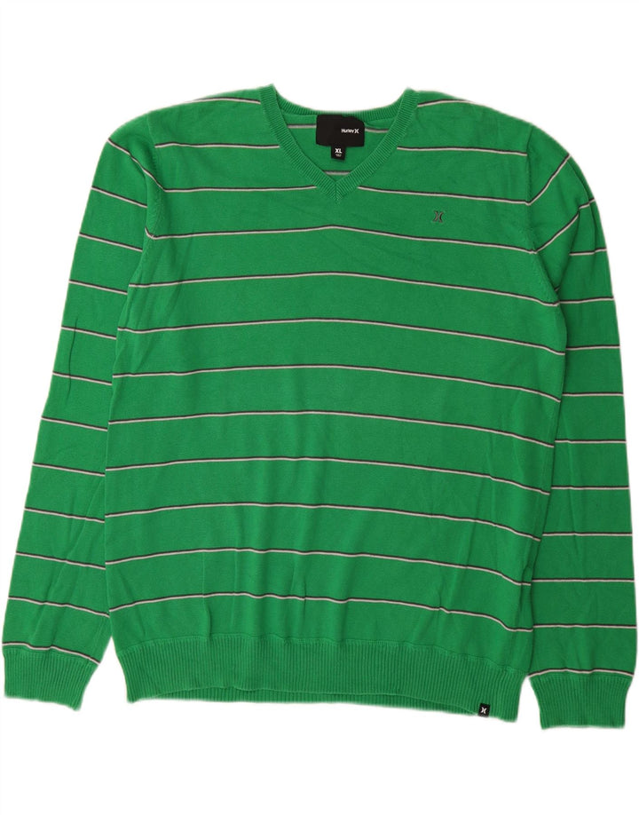 HURLEY Mens V-Neck Jumper Sweater XL Green Striped Cotton Vintage Hurley and Second-Hand Hurley from Messina Hembry 
