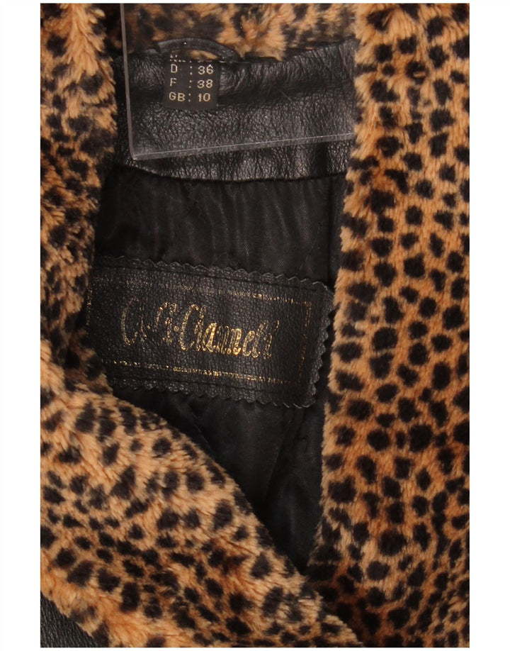 Casaco feminino de couro superdimensionado VINTAGE Reino Unido 10 pequeno preto com estampa animal