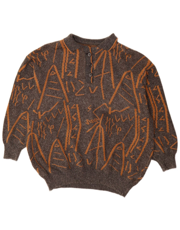 Suéter feminino vintage com estampa abstrata e gola polo, Reino Unido 16, grande, cinza