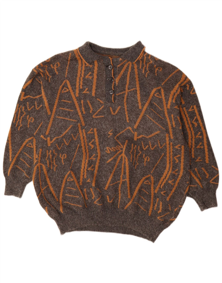 Suéter feminino vintage com estampa abstrata e gola polo, Reino Unido 16, grande, cinza
