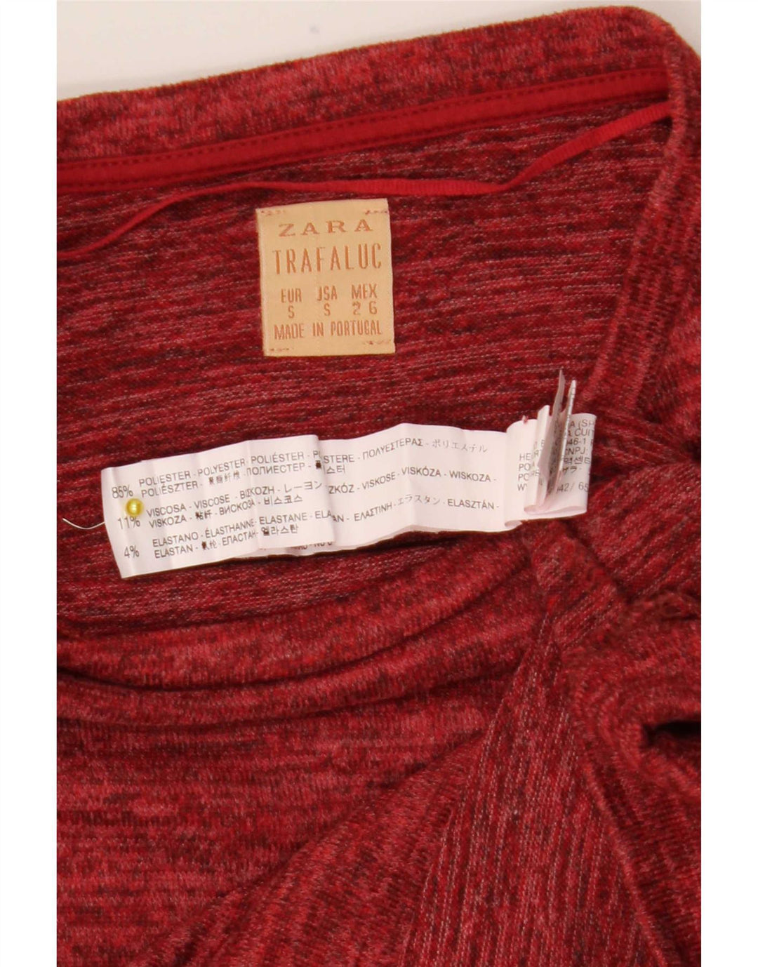Camiseta feminina Zara UK 10 pequena poliéster manchado vermelho