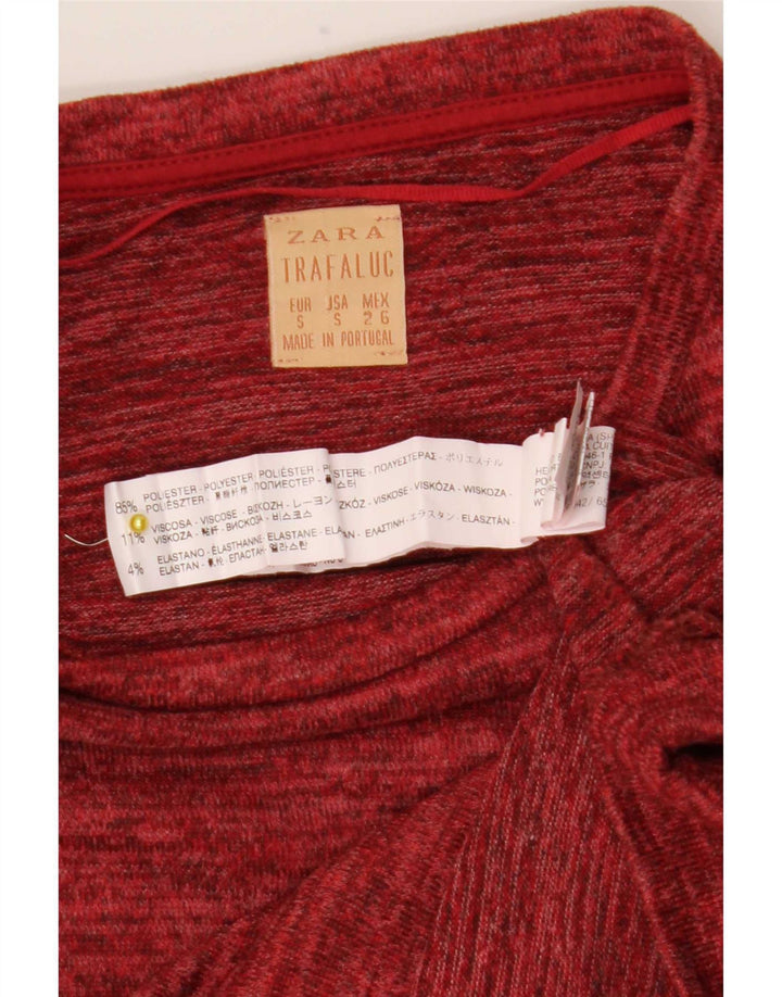 Camiseta feminina Zara UK 10 pequena poliéster manchado vermelho