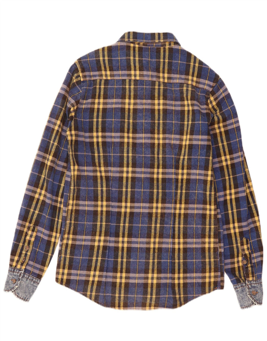 Camisa masculina vintage de flanela pequena de algodão xadrez azul