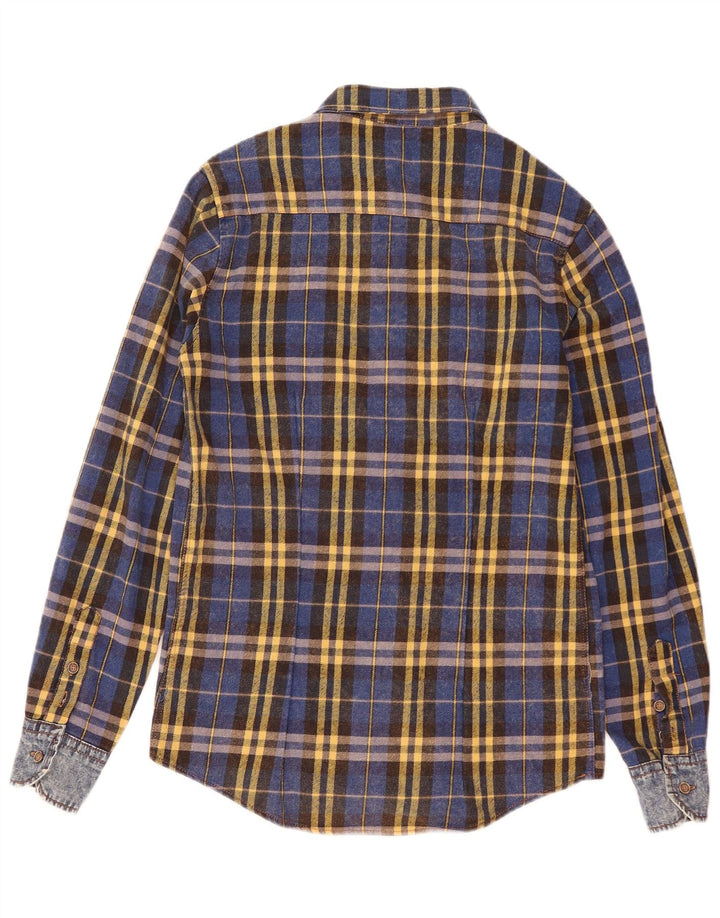 Camisa masculina vintage de flanela pequena de algodão xadrez azul