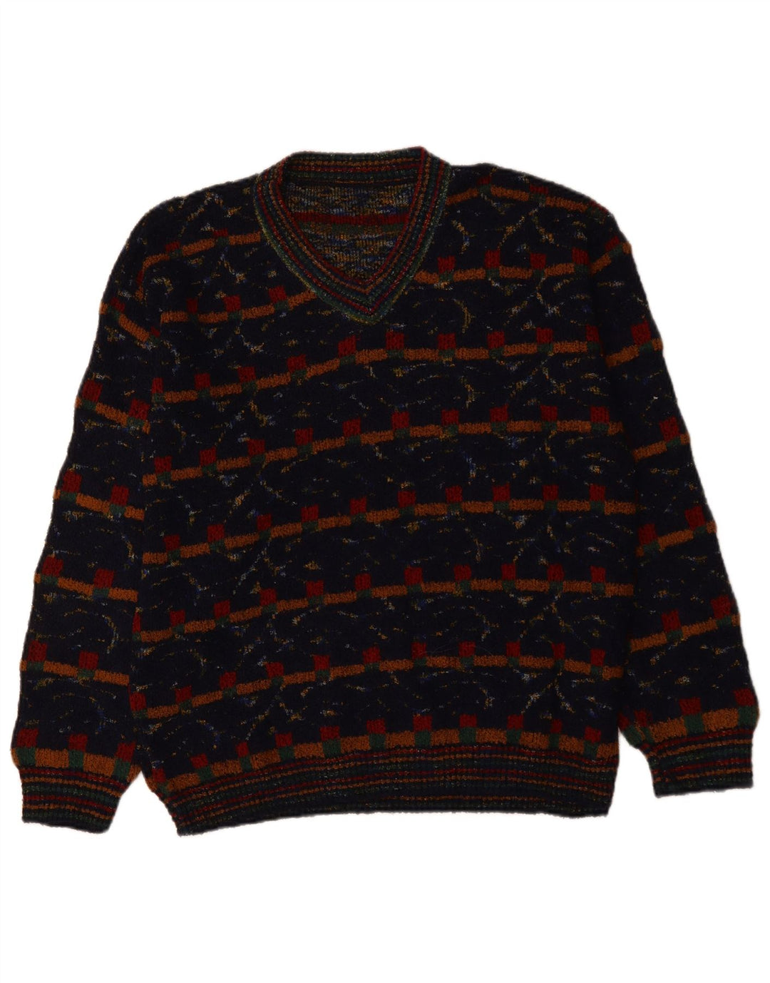 Suéter masculino VINTAGE com decote em V XL azul marinho de lã geométrica