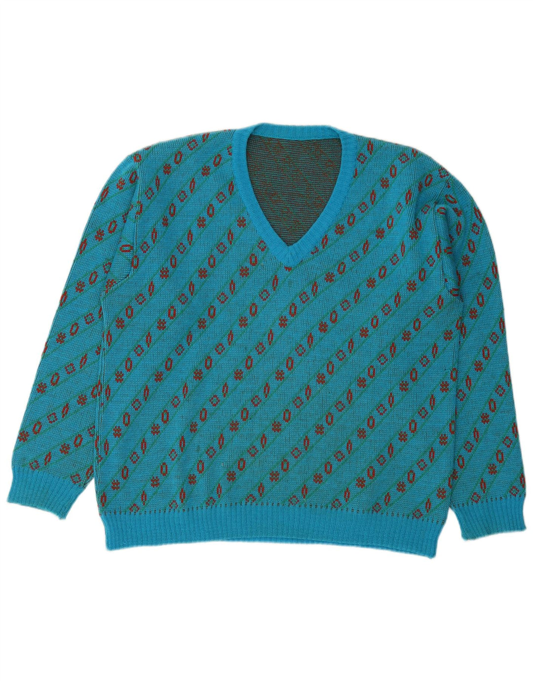 Suéter masculino vintage com decote em V grande lã geométrica azul