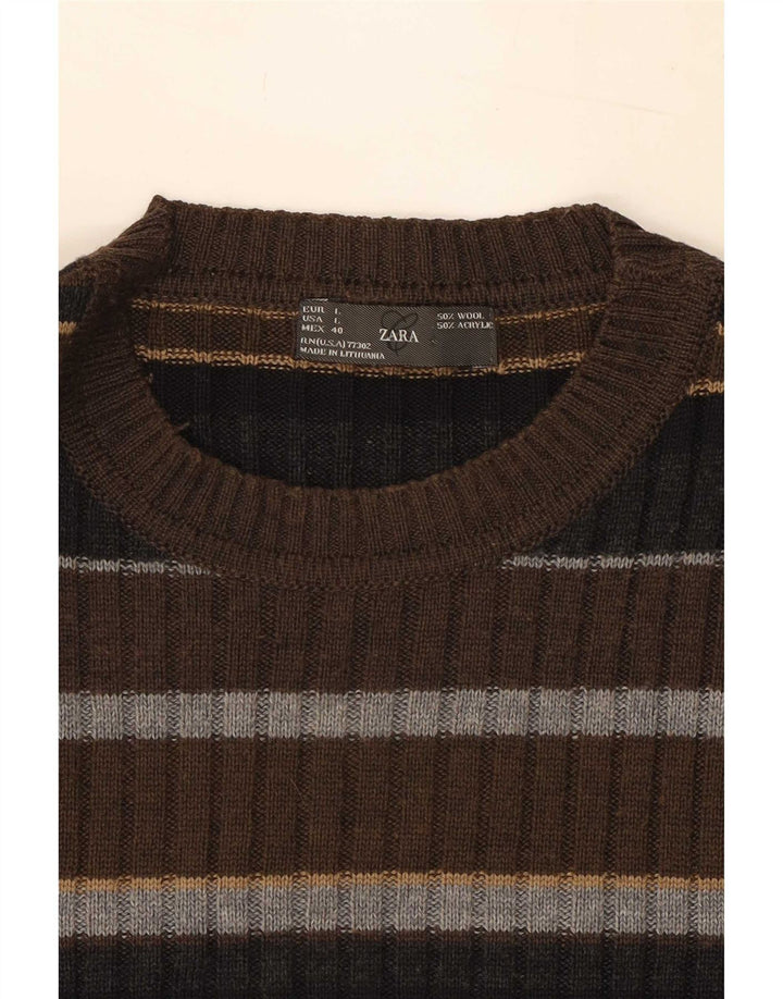 Zara Suéter masculino com gola redonda, grande lã listrada marrom