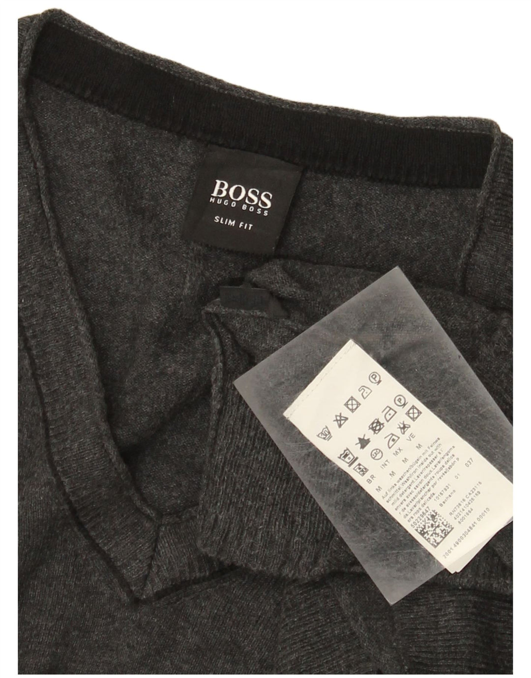 Suéter masculino Hugo Boss Slim Fit com decote em V de algodão cinza médio
