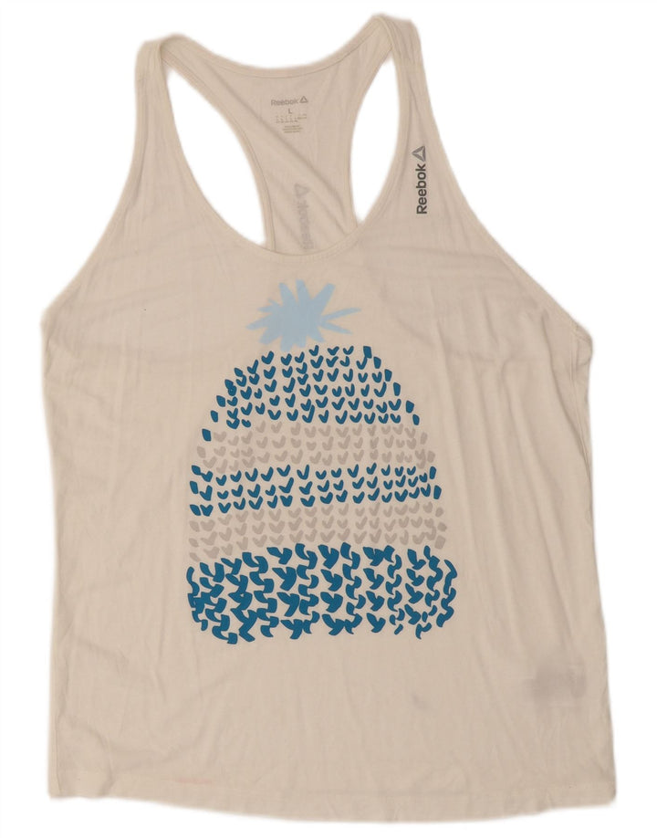 REEBOK feminino gráfico colete top UK 16/18 grande branco modal