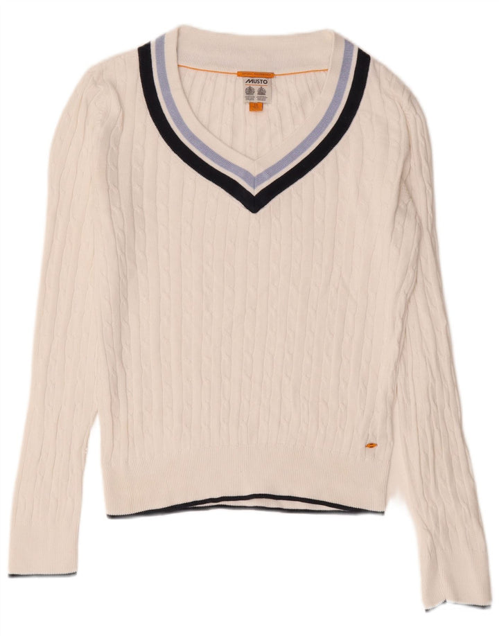 Suéter feminino Musto com decote em V grande, Reino Unido, 10 algodão branco pequeno