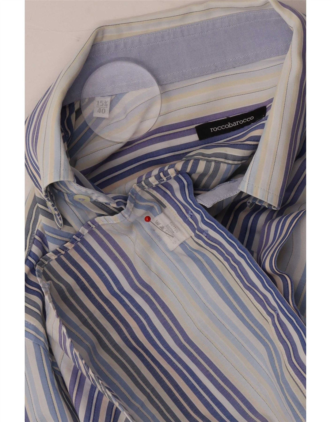 Camisa masculina Roccobarocco tamanho 40 15 3/4 algodão listrado azul médio